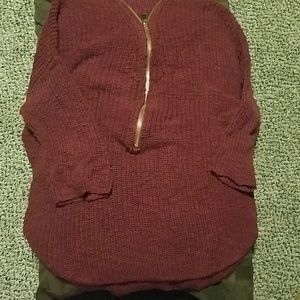 Burgundy three quarter sleeve half zip sweater